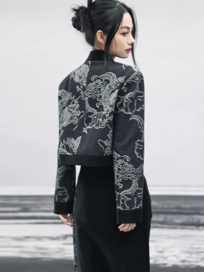 Taillenspleißen Retro High Loose Top Zweireihiger Drachen-Jacquard