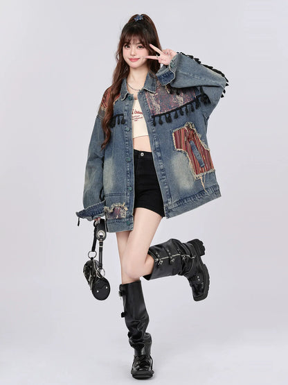Jacket Retro Denim Ethnic Spliced