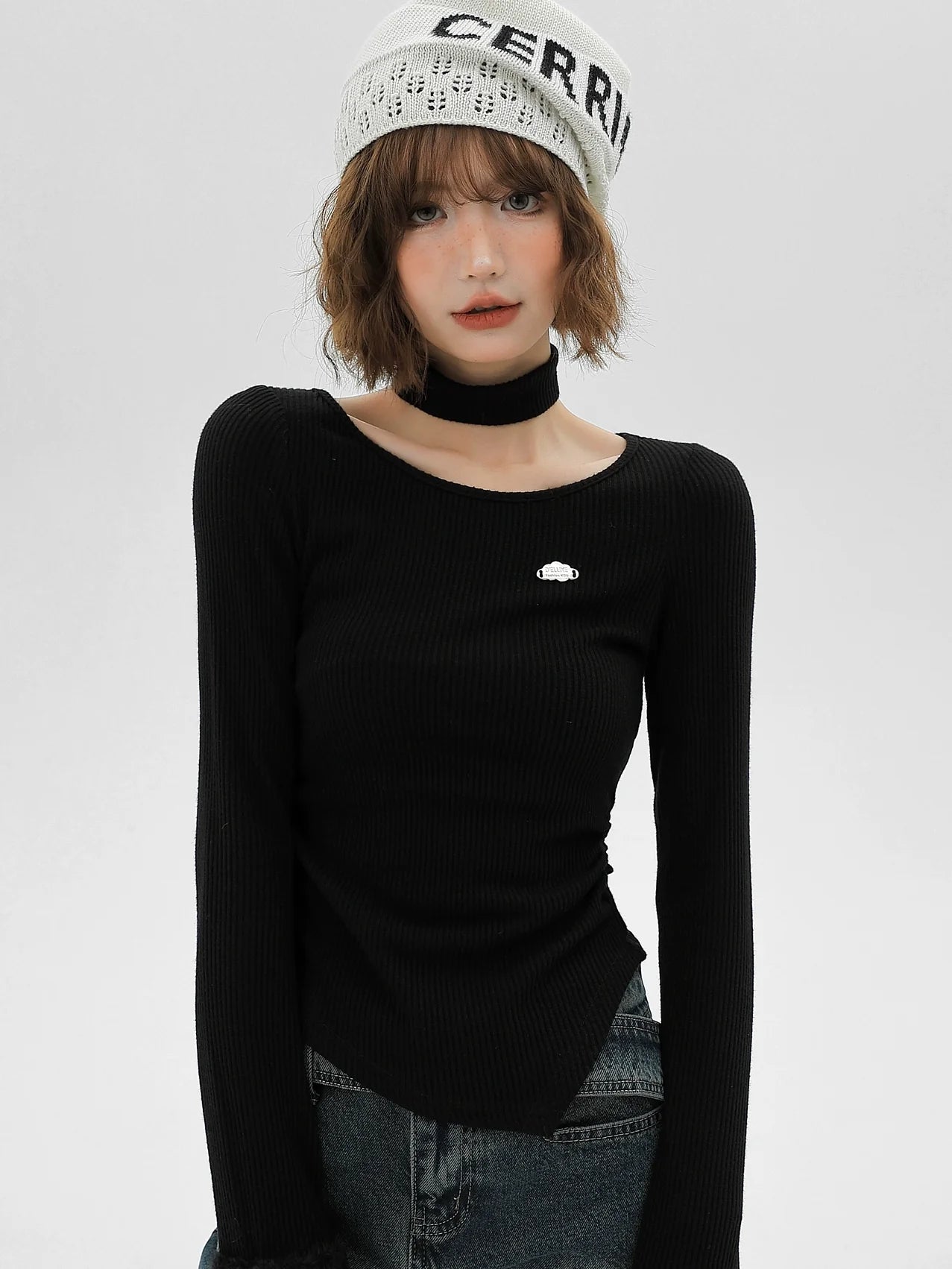 Slim Neck Fur T Collar Mode Long Sleeve