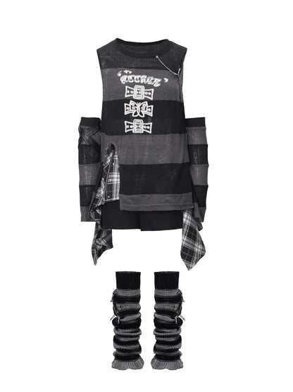 エポックチェックベストカバー + ストライプスカート + ノースリーブ + レッグリズムスリーブ