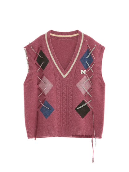 Vest Lace-up Argyle Over-Knit