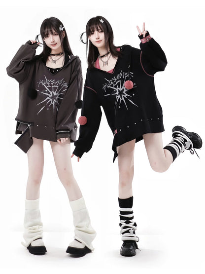 Fur Ball Zip Slit V-Neck Hoodie + Halter Neck Cami Top