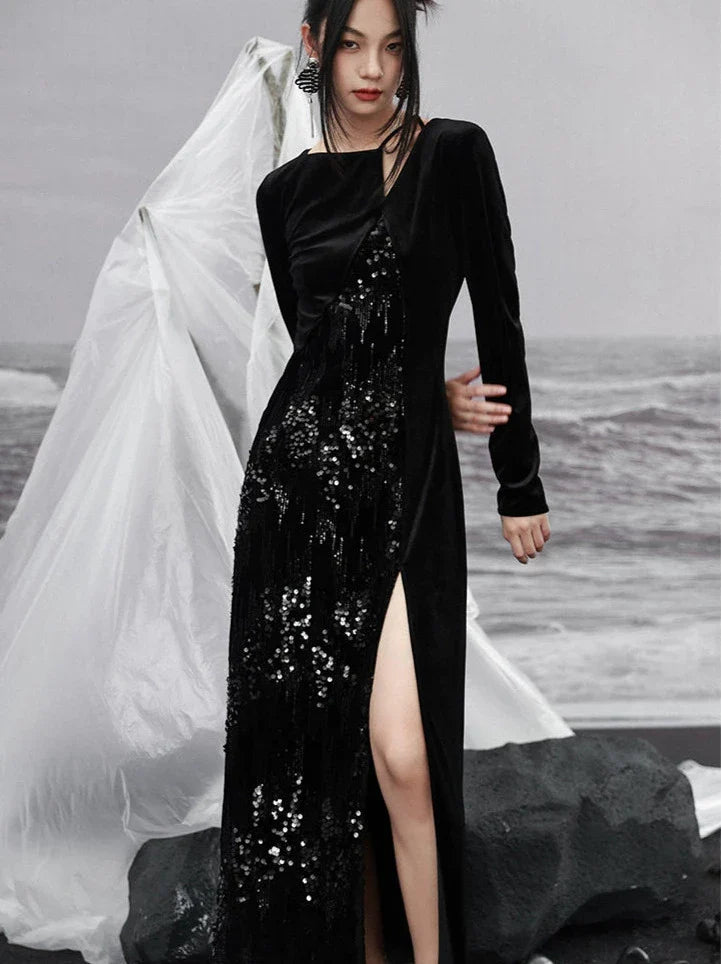 Robe Niche Fendue Paillettes Design Velours