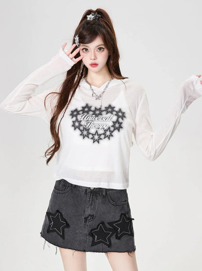 Hoodie Langes Print Top T Star Sheer