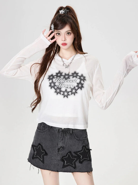 Hoodie Long Print Top T Star Sheer