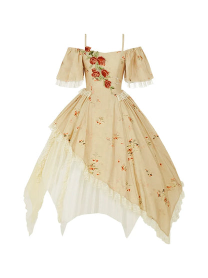 Elegante Träger Quadratischer Kragen Rose Off-the-Shoulder Kleid Unregelmäßig