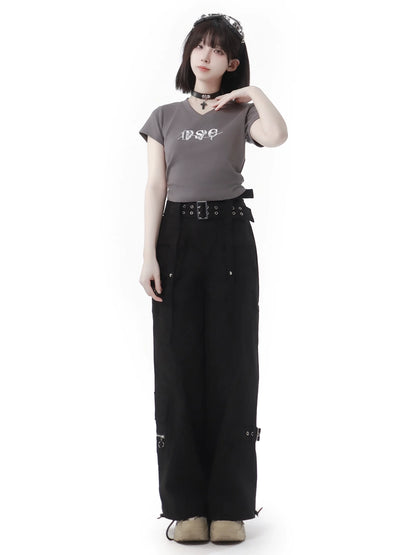 White Waist T-Shirt V-Neck Gray Slim