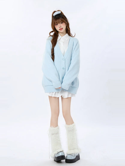 ルーズニットカーディガン ブルー リブ クリーム