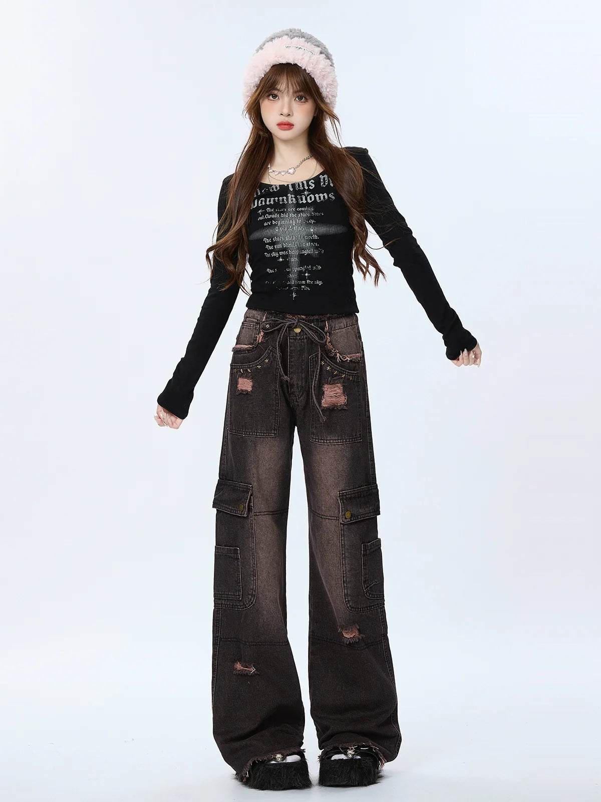 グラデーション レトロ カーゴデニム ダメージ ブラックパンツ