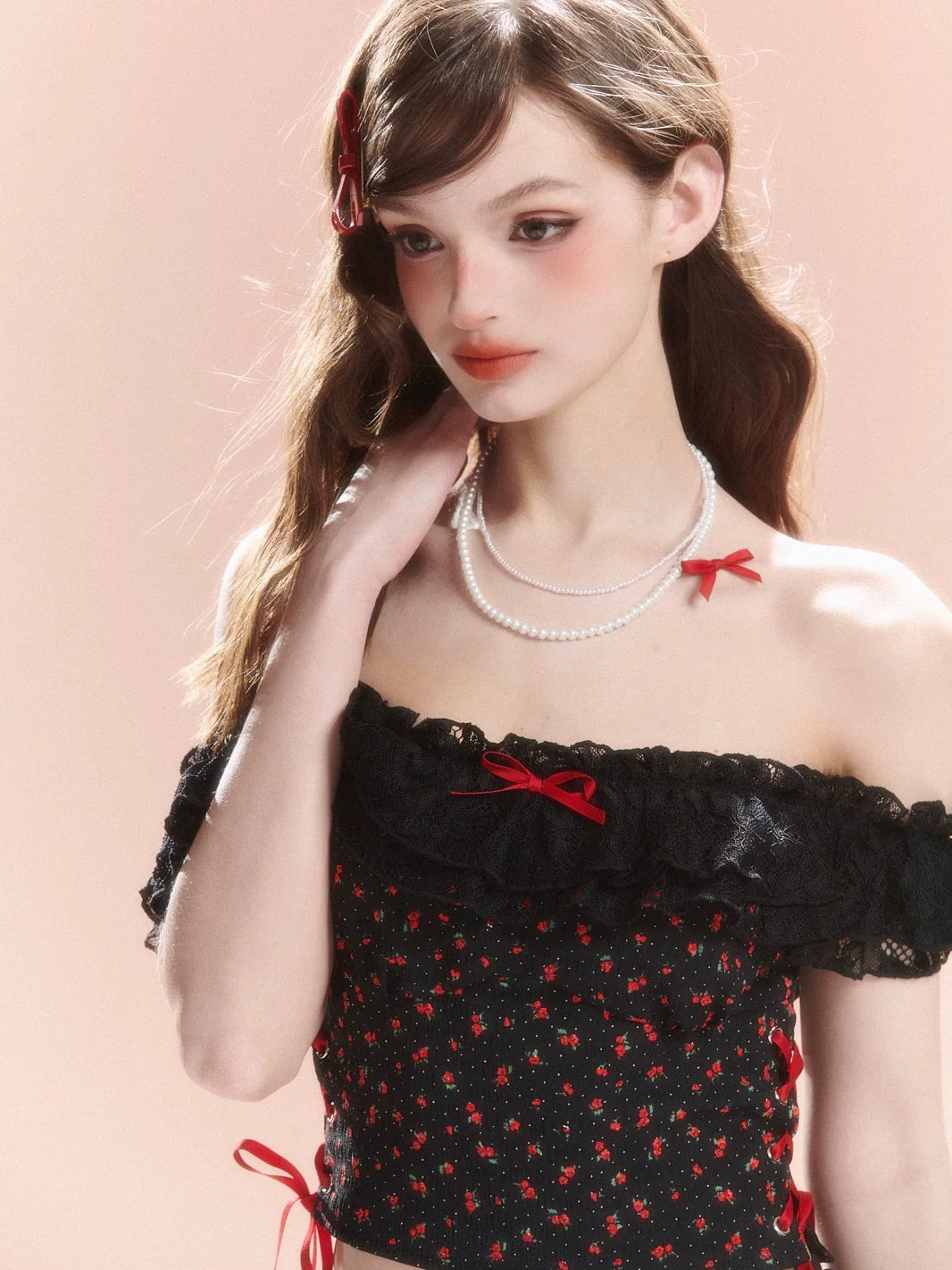 Off-Shoulder Top French Dark Rüschen Retro