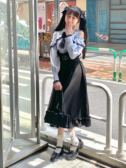 Bluse + ausgestellter Schulterrock mit offener Taille und hoher