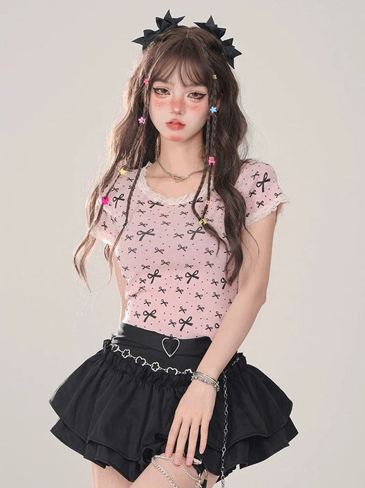 Lace Ribbon T-Shirt Girly Slim