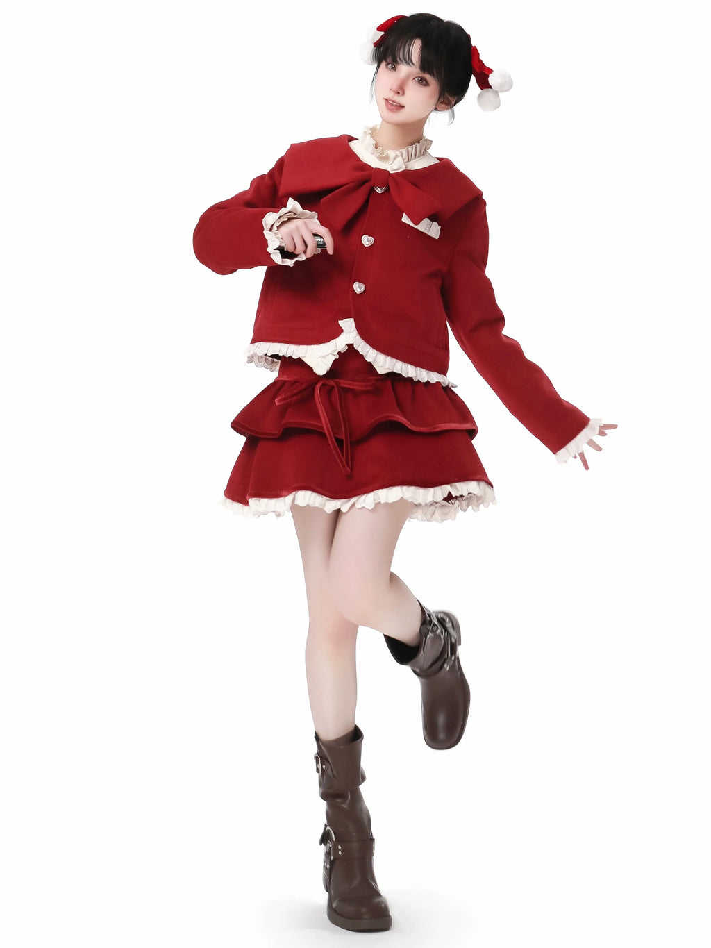 Ribbon Frill Short Jacket Singing Stand Color Dark Print Shirt Skirt Suit