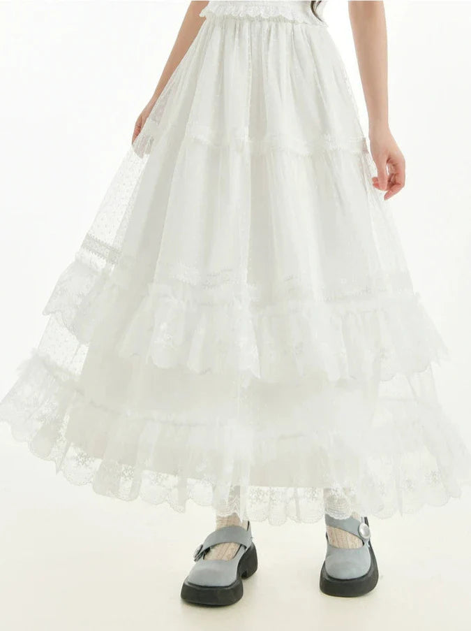 フェアリー風透かし編みニットカーディガン + キャミソールトップス + ロングケーキスカート