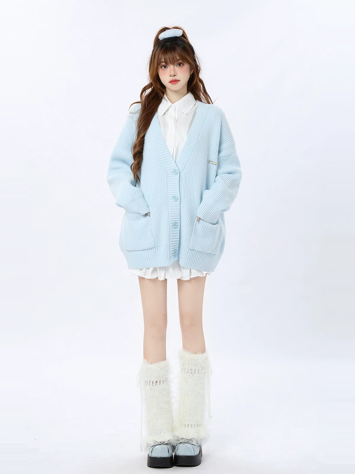 ルーズニットカーディガン ブルー リブ クリーム