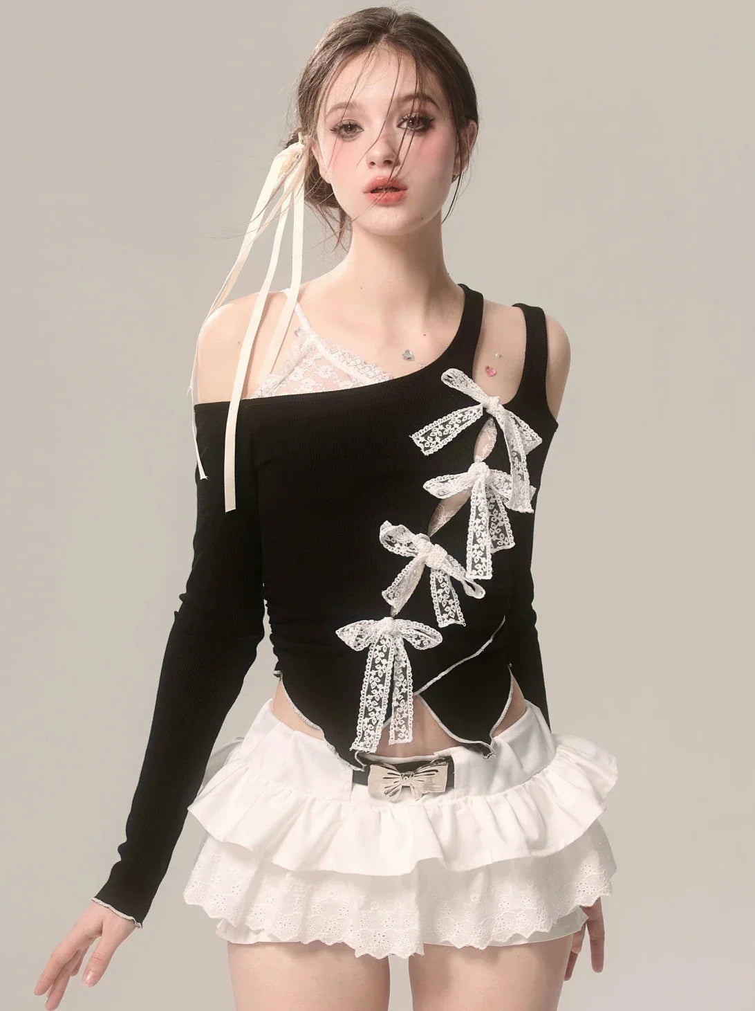 Asymmetrisches Top Off-Shoulder Faux Ribbon Lace Schwarz Zweiteiler