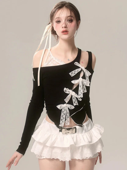 Asymmetrisches Top Off-Shoulder Faux Ribbon Lace Schwarz Zweiteiler