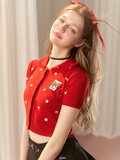 Kurzer amerikanischer Cardigan mit Blumenmuster und Kragen