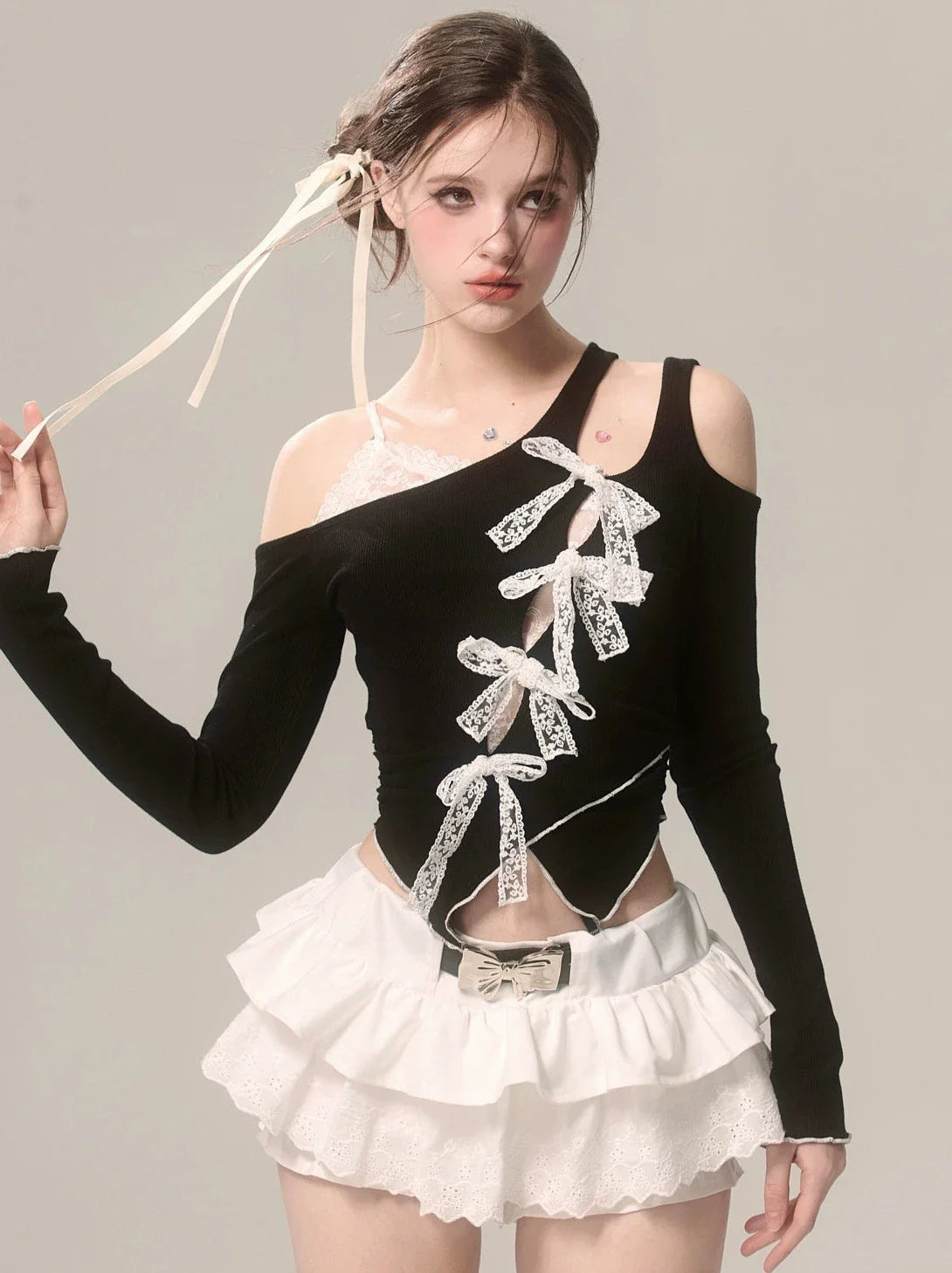 Asymmetrisches Top Off-Shoulder Faux Ribbon Lace Schwarz Zweiteiler