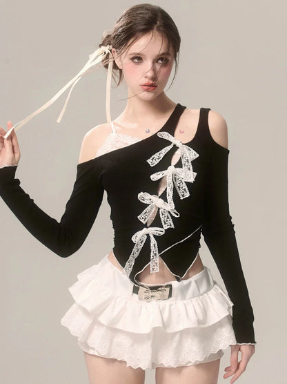 Asymmetrisches Top Off-Shoulder Faux Ribbon Lace Schwarz Zweiteiler