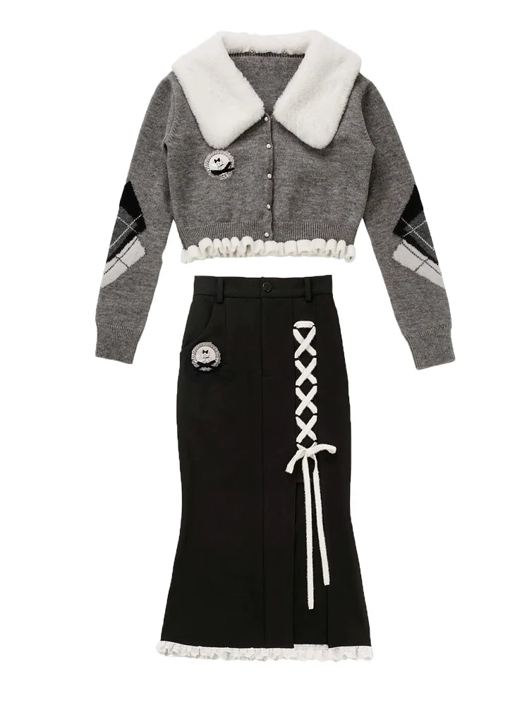 ラビットファーカラーパールバックルフリルショートカーディガン+マーメイドスリットスカート