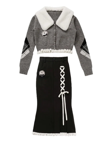 ラビットファーカラーパールバックルフリルショートカーディガン+マーメイドスリットスカート