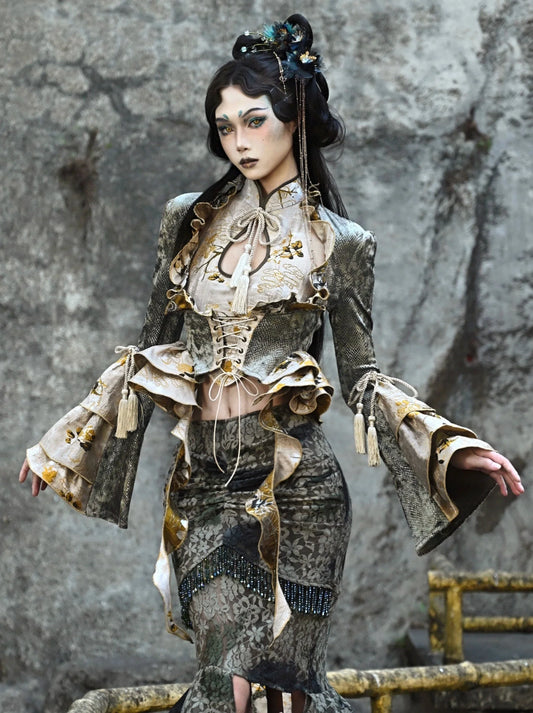 ドラゴンストラップタッセルフェスティバルチャイナレースジャケットショート