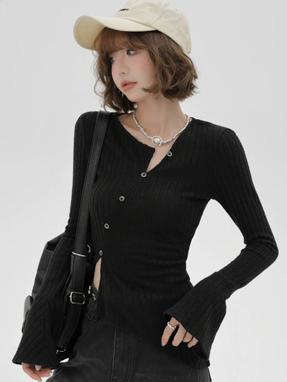 V-Knopf-Taille Slim Shirt Flaschenhals schräg