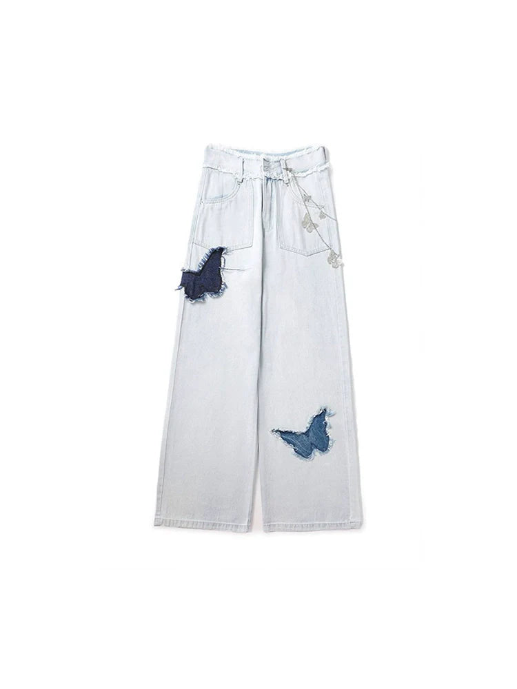 ブルーデニムワイドホワイトバタフライパンツデザイン