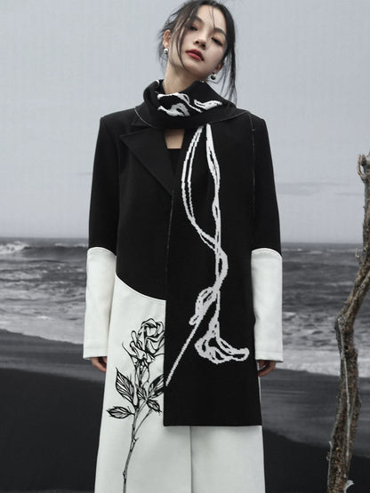 Scarf White Contrast Knit Black and Design Shawl