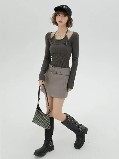 Top Halter Neck Slim Knit Piece Faux Ribbon Two