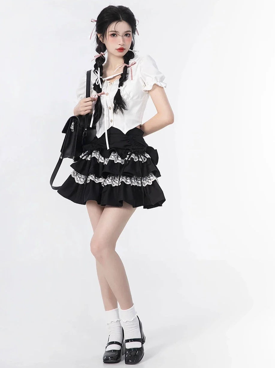 Rock, Oberteil, Ärmel, Rüschen + Puff Cake Bluse