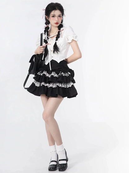 Rock, Oberteil, Ärmel, Rüschen + Puff Cake Bluse