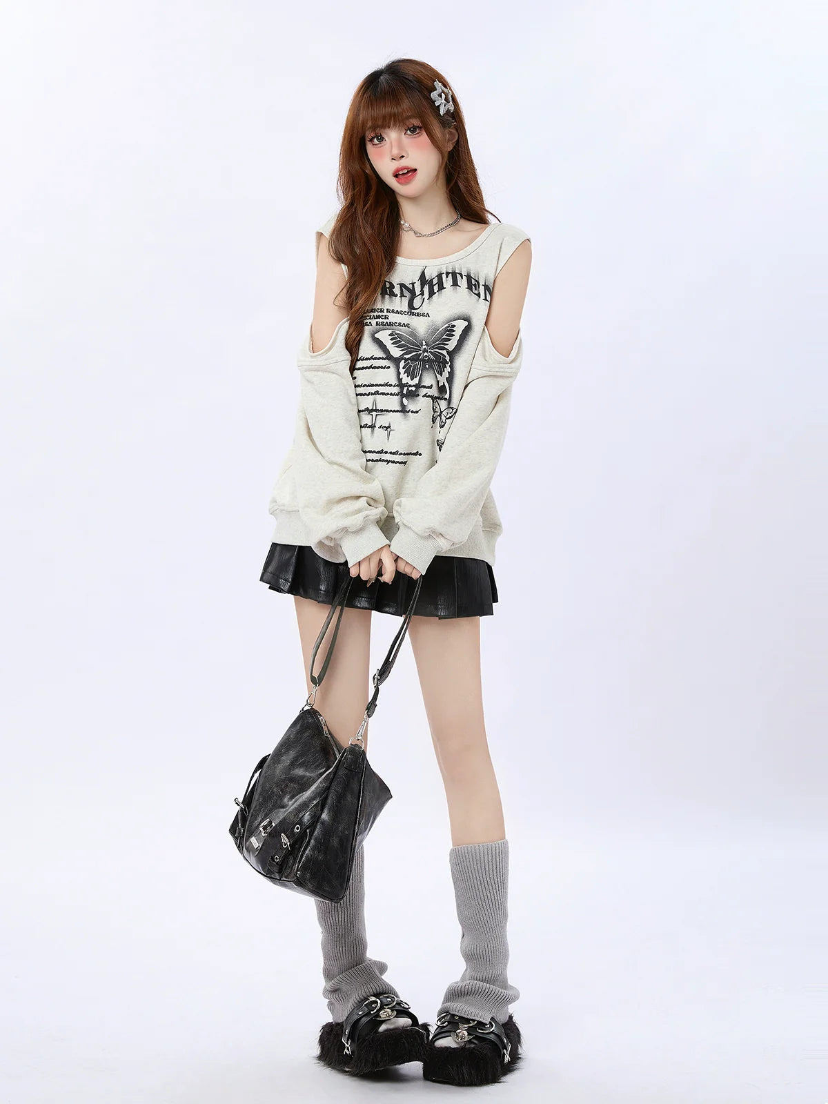 プリントバタフライオフショルダーレトロトレーナー