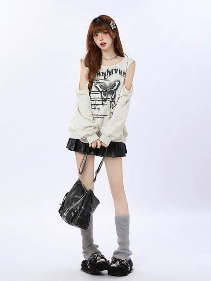 プリントバタフライオフショルダーレトロトレーナー