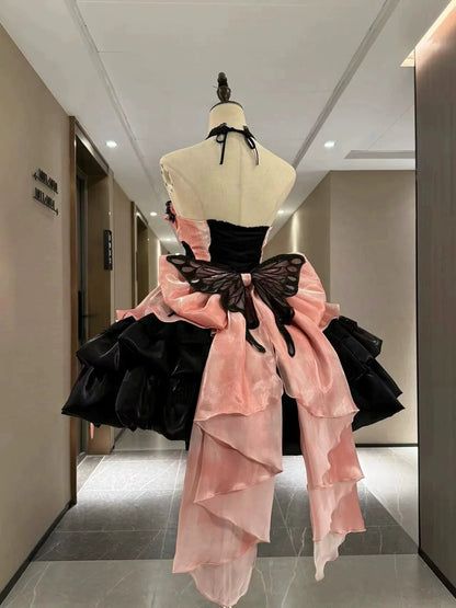 ドレス ブラック サスペンダー ホルター ロリータ ネック プリンセス ピュア ピンク スタイル