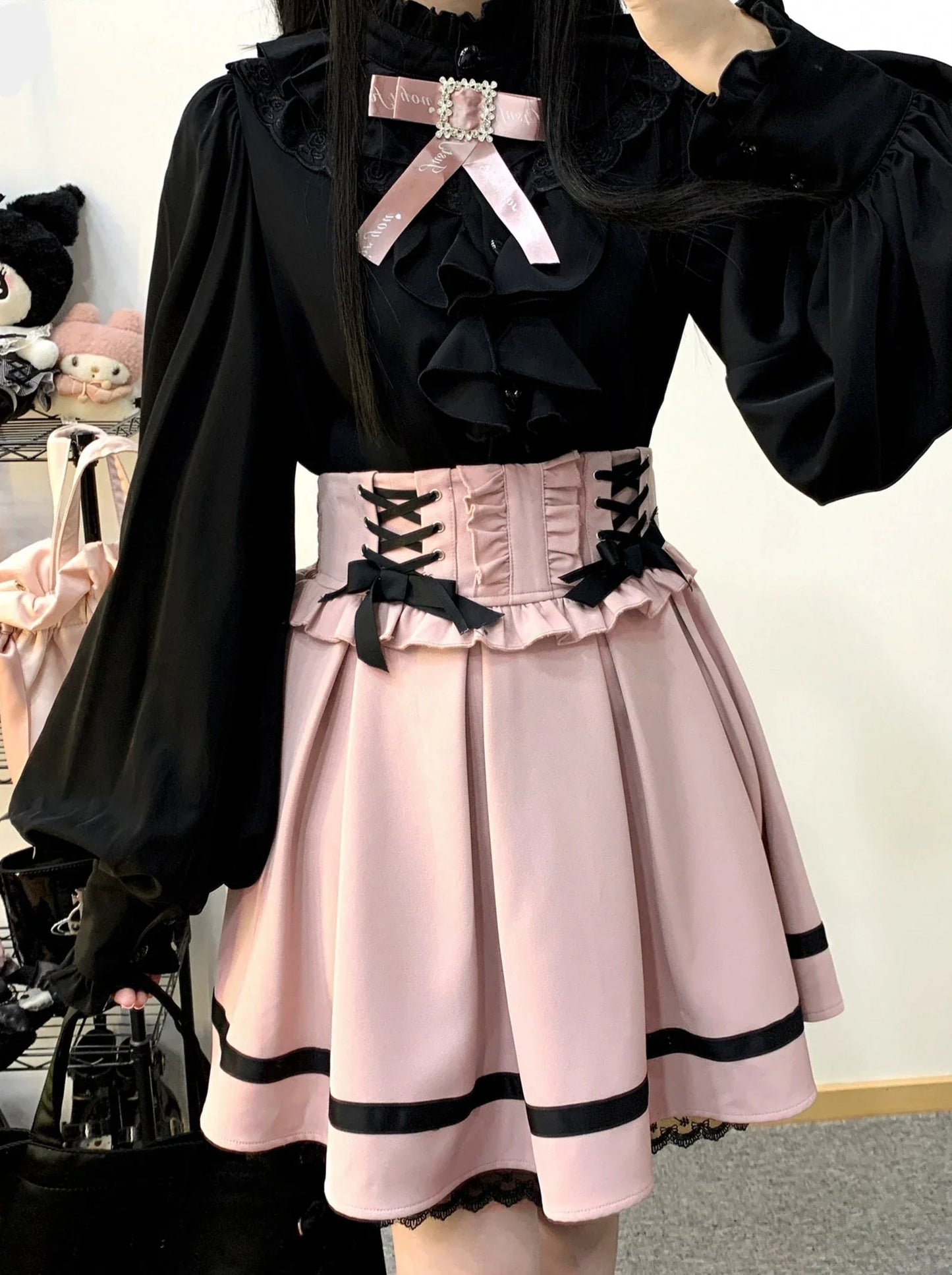 Stand Collar Loose Ruffle Volume Sleeve Ribbon Shirt