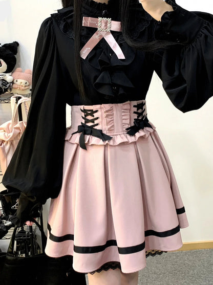 Stand Collar Loose Ruffle Volume Sleeve Ribbon Shirt