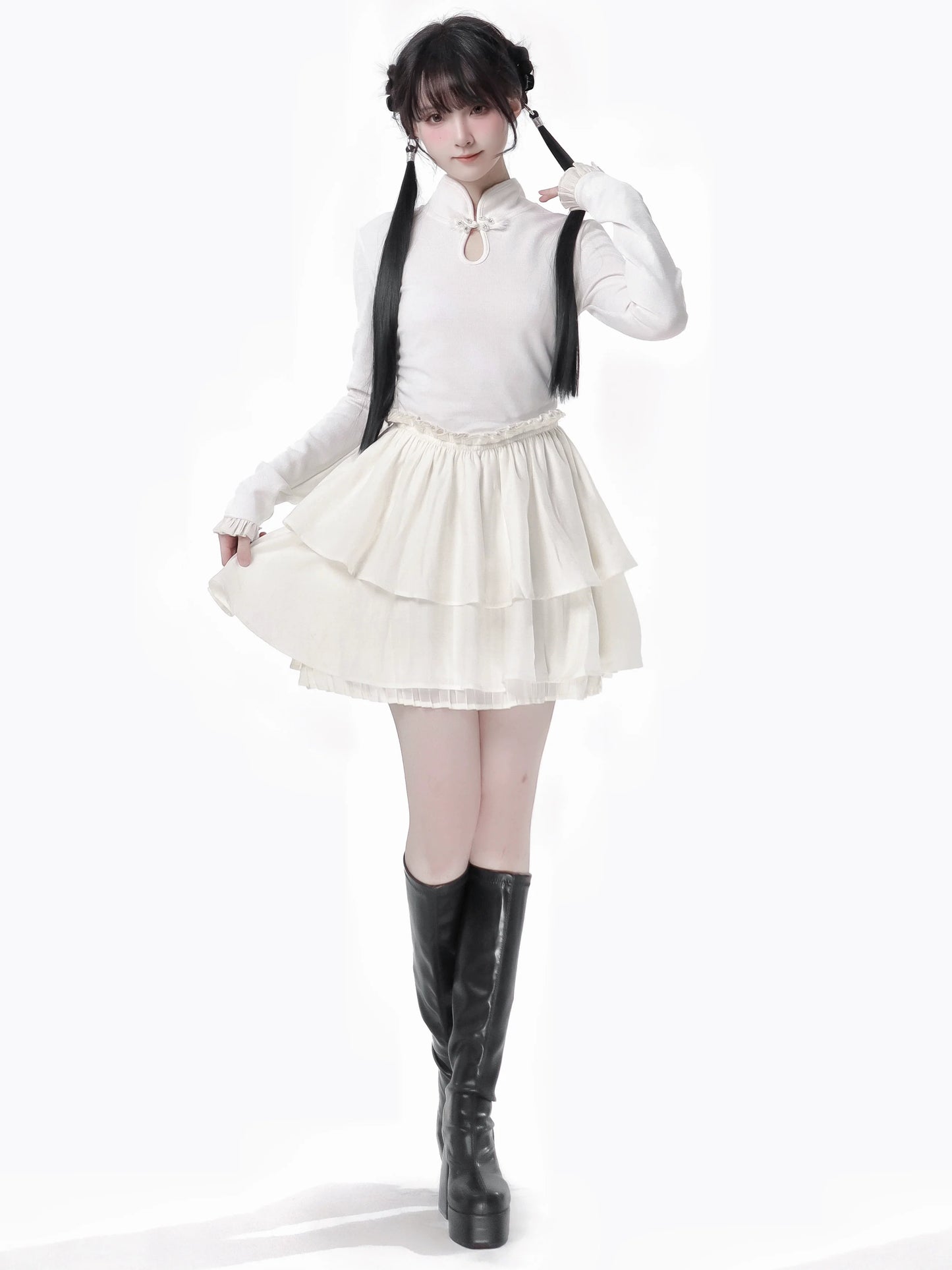 China Hoight Black Knit Springing Waist Frill Turu Dress