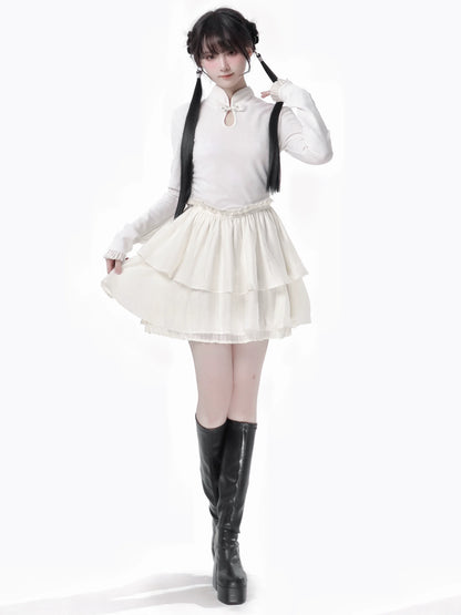 China Hoight Black Knit Springing Waist Frill Turu Dress