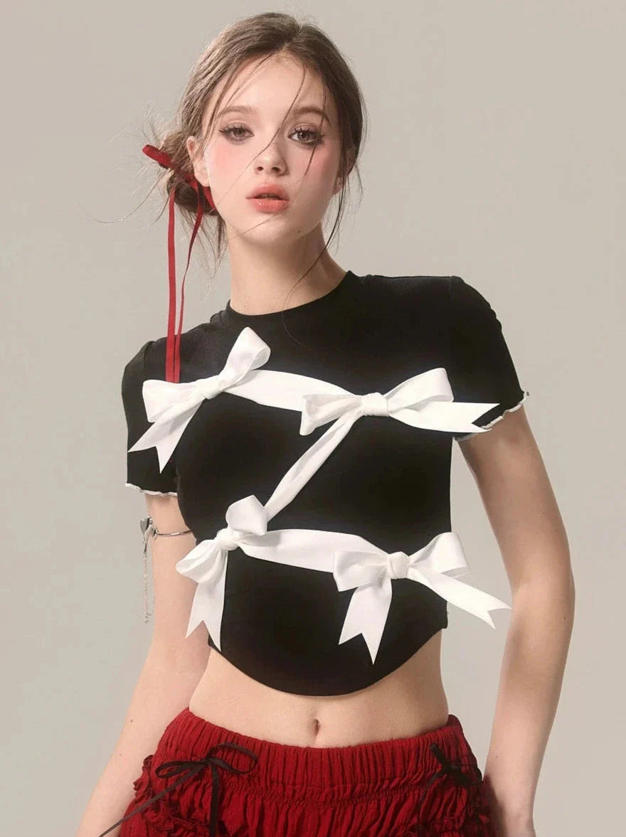 ショートブラックリボンスリムニッチTシャツ