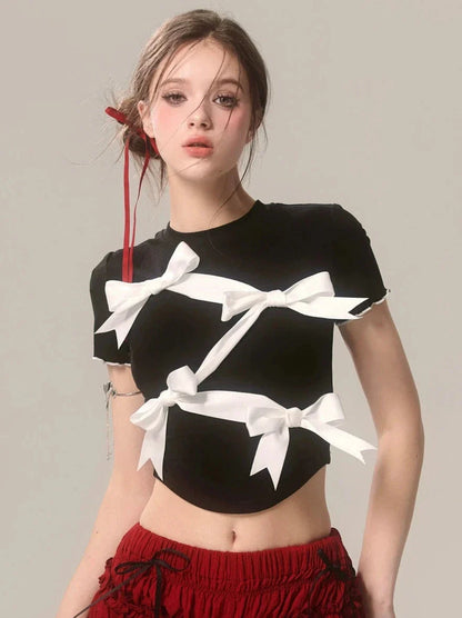 ショートブラックリボンスリムニッチTシャツ