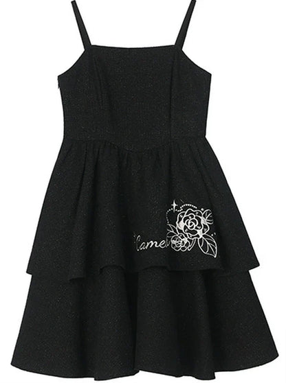 Schwarze Jacke Kleid Duft Farbe Hosenträger Glitter Rose + Perle Anzug Kurz