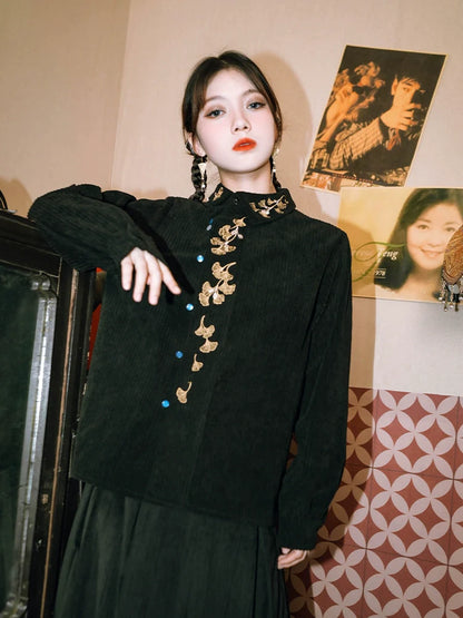 リーフレトロ刺繍シャツチャイナコーデュロイ