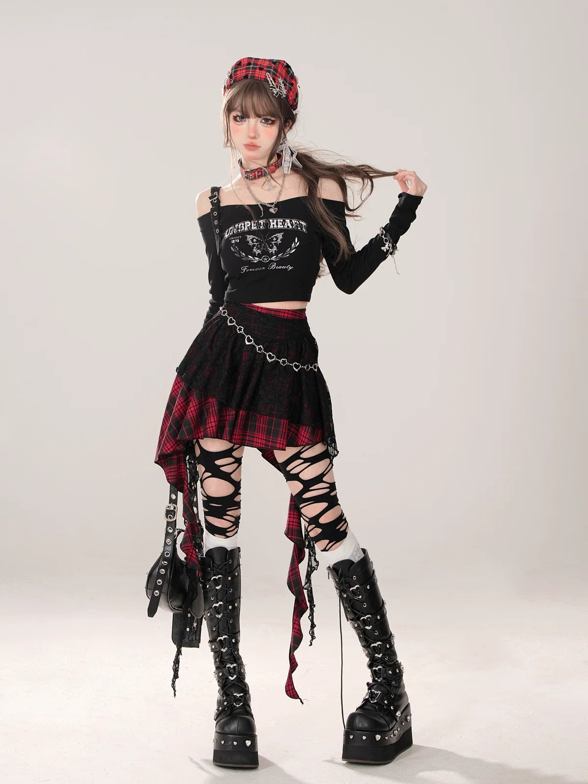 ショートTシャツ オフショルダー ロング スリム ブラック スリーブ