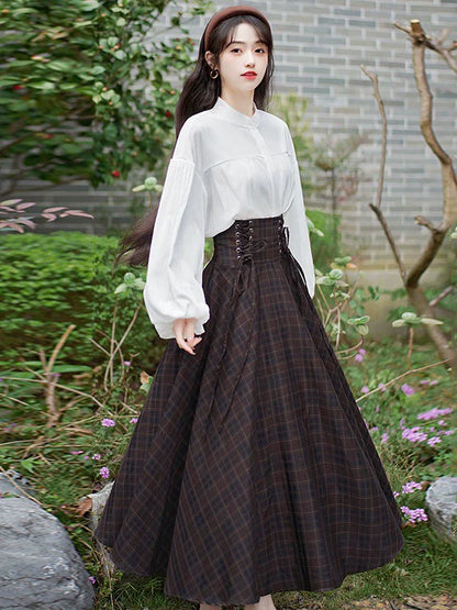 ピュア+スカート ホワイト レースアップ チャックブラウス