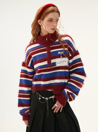 Zipper Half Turtleneck Polo Striped Short Sweater