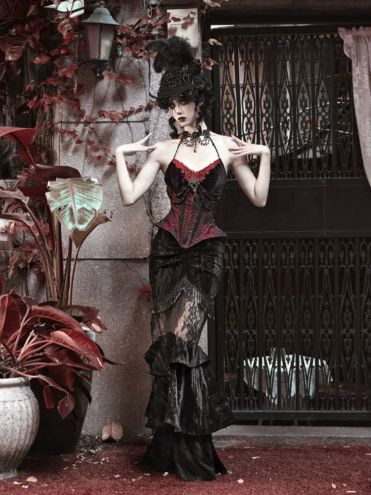 Mermaid Dutchess Gothic Hugging Hip Sheer Velvet Lace Skirt