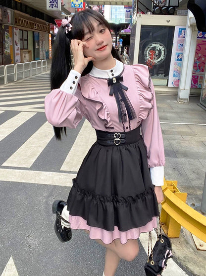 Ausgestellte Bluse mit mittlerer Rüsche + Rock mit Rüsche