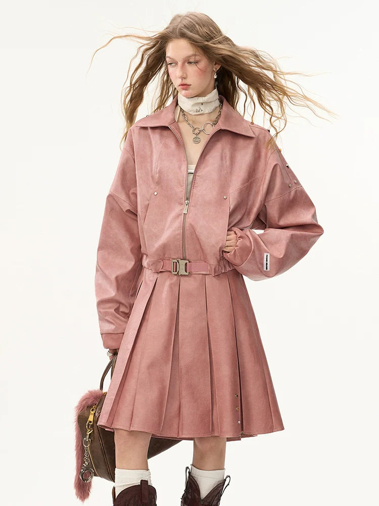 Damaged Mode Lederjacke + Mittellanger Rock + Ledermantel mit Taillengürtel